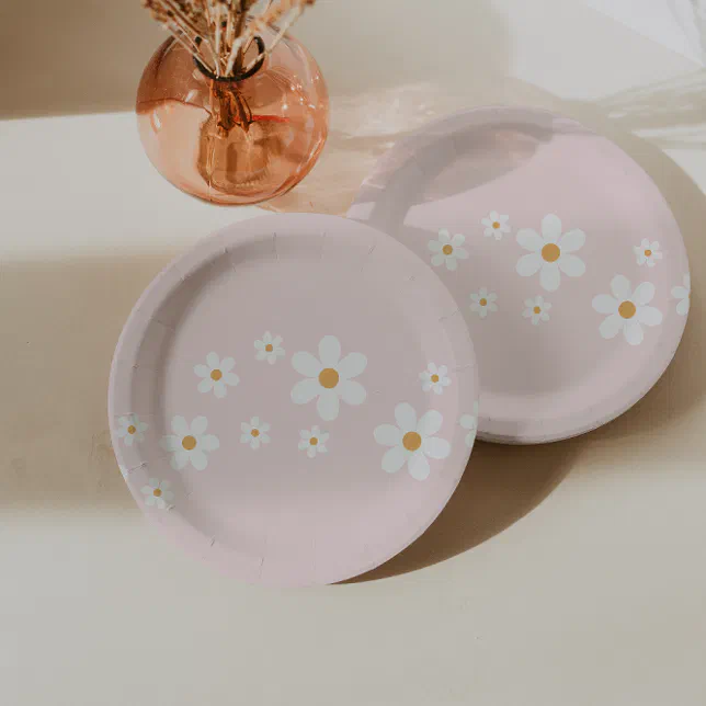 Retro Daisy Light Pink Floral Paper Plates Zazzle