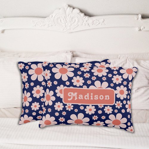 Retro Daisy Name Navy Blue Pillow Case