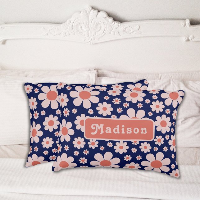 Retro Daisy Name Navy Blue Pillow Case (Retro 70s vintage daisy navy blue and orange pattern with groovy typography personalized pillow case)