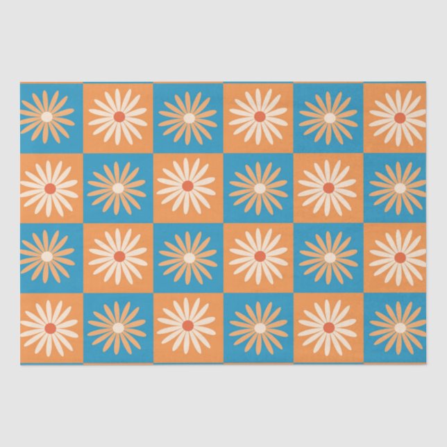 Retro Daisy on Blue and Orange Checkerboards  Tissue Paper (Front)