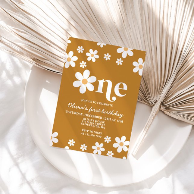 Retro Daisy One Floral 1st Birthday Invitation (Creator Uploaded)