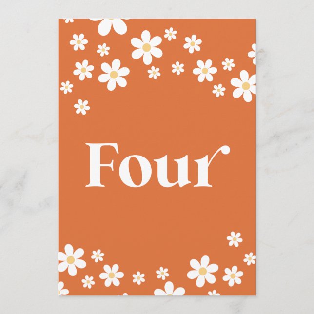 Retro daisy orange bridal shower table number Four (Front)