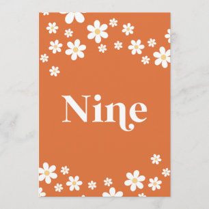 Retro daisy orange bridal shower table number Nine