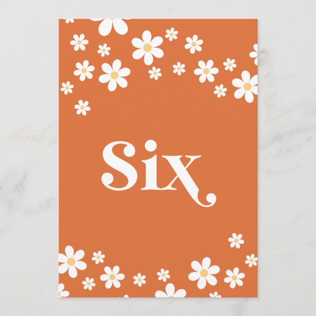 Retro daisy orange bridal shower table number six (Front)