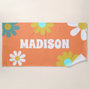 Retro Daisy Orange Teal White Yellow Personalized Beach Towel