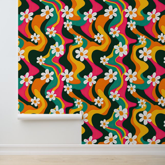 Retro Daisy Pattern Colorful 70s Hippie Wallpaper (Application)