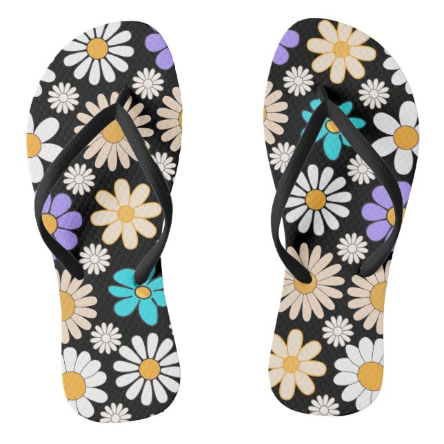 Retro Daisy Pattern Simple.01. Black BG Flip Flops (Footbed)