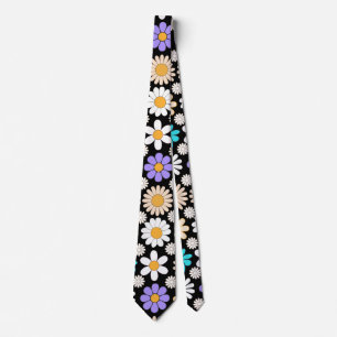 Retro Daisy Pattern Simple.01. Black BG Neck Tie