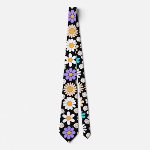 Retro Daisy Pattern Simple01 Black BG Neck Tie