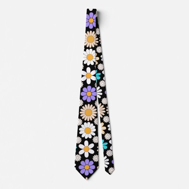 Retro Daisy Pattern Simple.01. Black BG Neck Tie (Front)