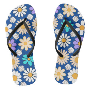 Retro Daisy Pattern Simple.01. Blue BG Flip Flops