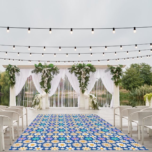Retro Daisy Pattern Simple.01. Blue BG Outdoor Rug (Insitu (Wedding 1))