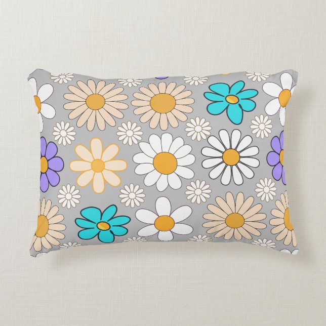 Retro Daisy Pattern Simple.01. Grey BG Accent Pillow (Front)