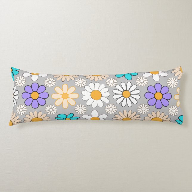 Retro Daisy Pattern Simple.01. Grey BG Body Pillow (Front)