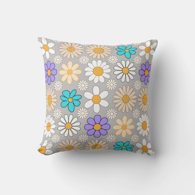 Retro Daisy Pattern Simple.01. Grey BG Lumbar Pillow (Front)