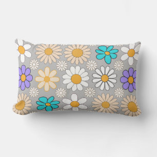 Retro Daisy Pattern Simple.01. Grey BG Lumbar Pillow
