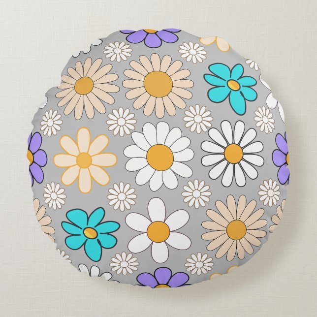 Retro Daisy Pattern Simple.01. Grey BG Round Pillow (Front)