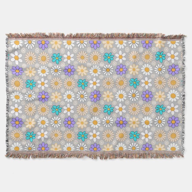 Retro Daisy Pattern Simple.01. Grey BG Throw Blanket (Front)