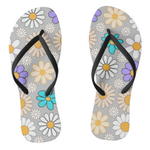 Retro Daisy Pattern Simple.01. L Grey BG Flip Flops