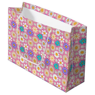 Retro Daisy Pattern Simple.01. Pink BG Large Gift Bag