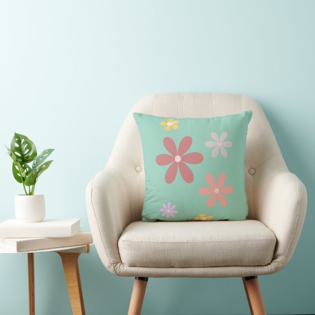 Retro Daisy Pattern Teal Green Background Throw Pillow (Chair)