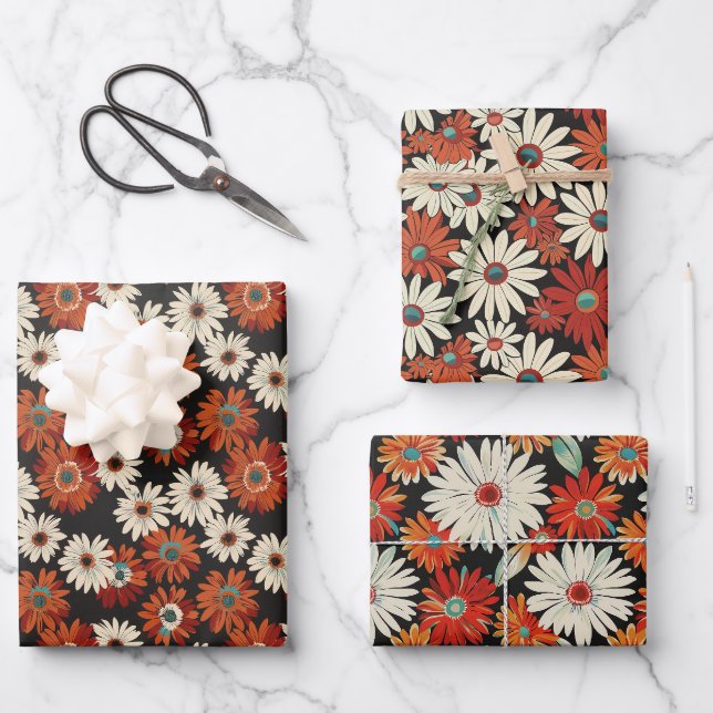 Retro Daisy Pattern with Warm Tones on Black Wrapping Paper Sheets (Front)