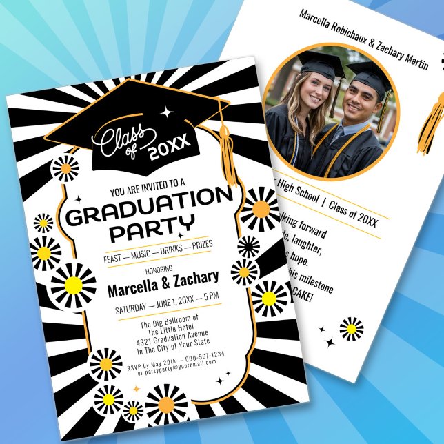 Retro Daisy Photo Black White Yellow Graduation Invitation (Creator Uploaded)