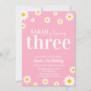 Retro Daisy Pink and White Minimal 3rd Birthday Invitation