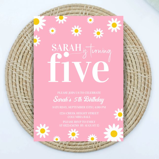 Retro Daisy Pink and White Minimal 5th Birthday Invitation (Creator Uploaded)