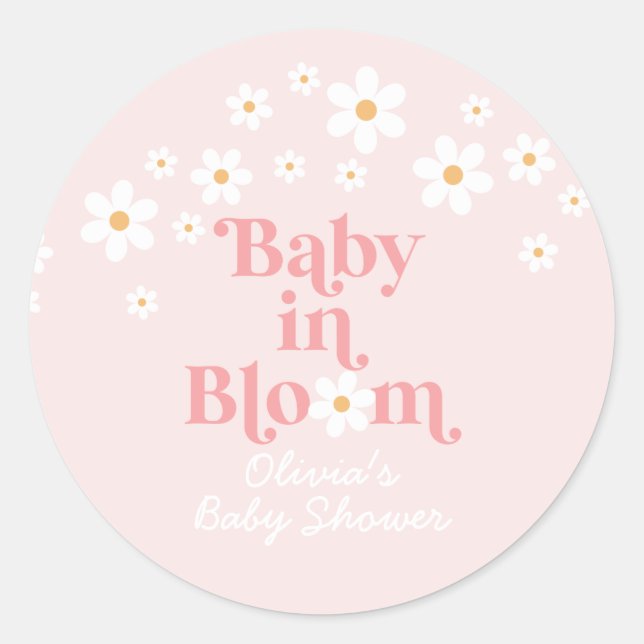 Retro Daisy Pink Baby Shower Classic Round Sticker (Front)