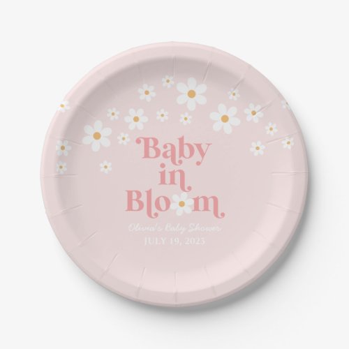 Retro Daisy Pink boho Baby in Bloom Baby Shower Paper Plates