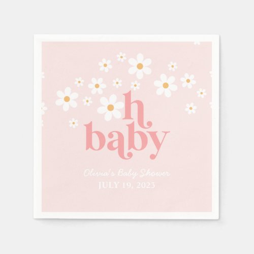 Retro Daisy Pink boho Baby Shower Napkins