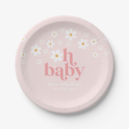 Retro Daisy Pink boho Baby Shower Paper Plates