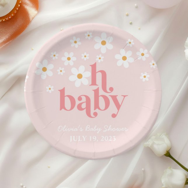 Retro Daisy Pink boho Baby Shower Paper Plates (Creator Uploaded)