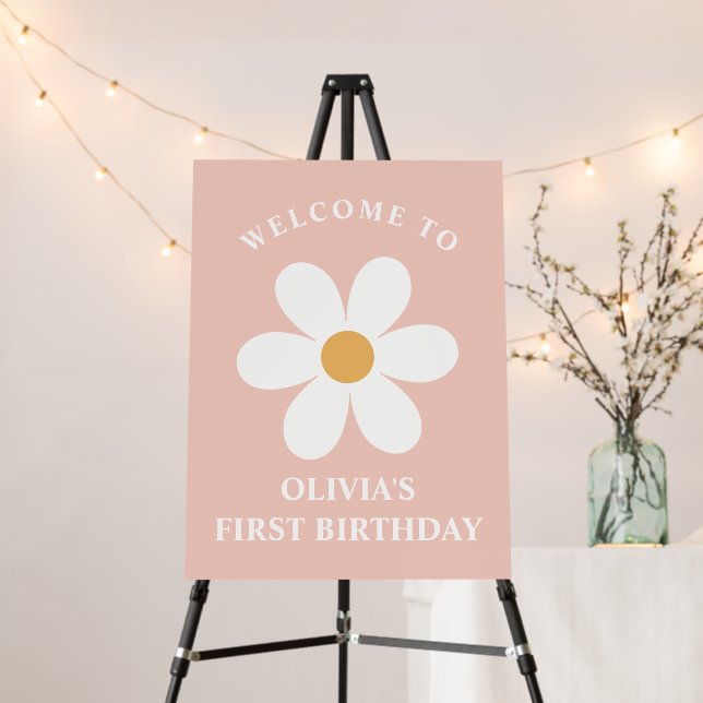 Retro daisy pink boho Birthday Sign (In Situ (Stand))