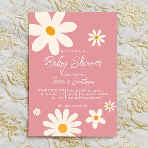 Retro daisy pink boho desert baby shower invitation
