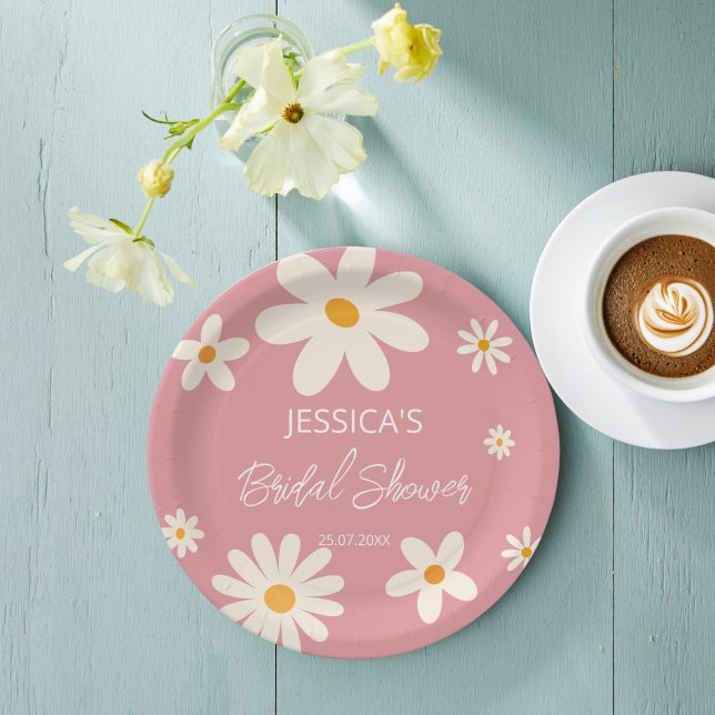 Retro daisy pink boho desert pink bridal shower paper plates (Retro daisy pink boho desert pink bridal shower monogrammed customized printed  paper plates)