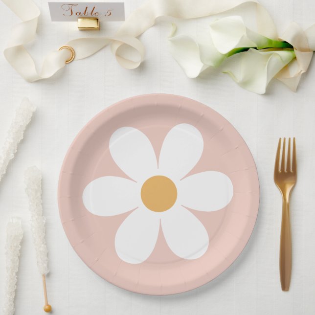 Retro daisy pink boho paper plates (Wedding)
