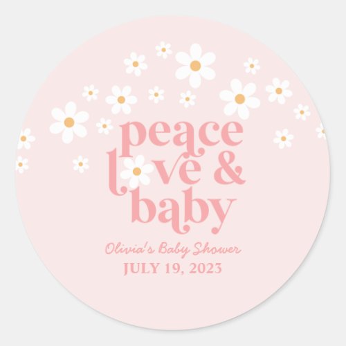 Retro Daisy Pink boho Peace Love Baby Shower Classic Round Sticker