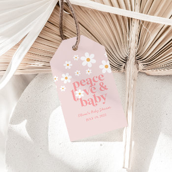 Retro Daisy Pink Boho Peace Love Baby Shower Gift Tags by CharlotteGBoutique at Zazzle