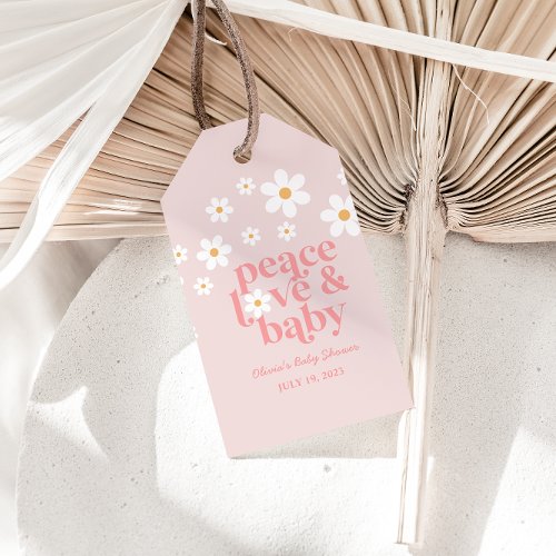 Retro Daisy Pink boho Peace Love Baby Shower Gift Tags