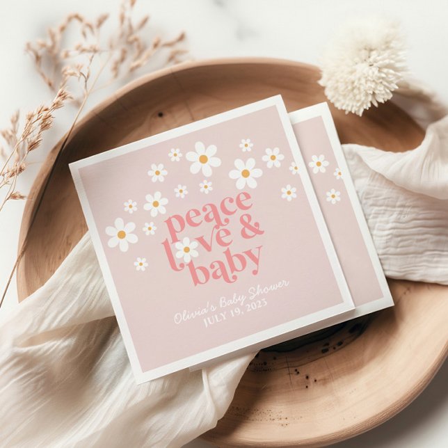 Retro Daisy Pink boho Peace Love Baby Shower Napkins (Creator Uploaded)