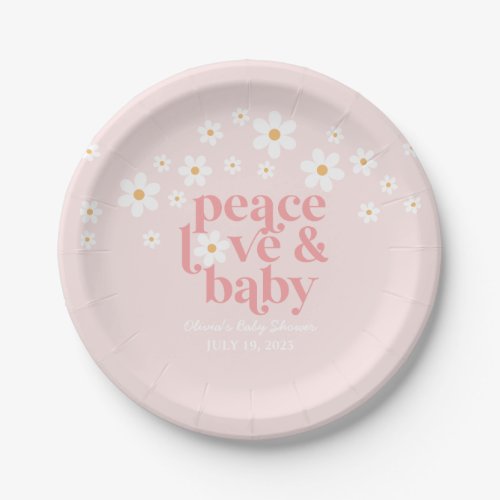 Retro Daisy Pink boho Peace Love Baby Shower Paper Plates