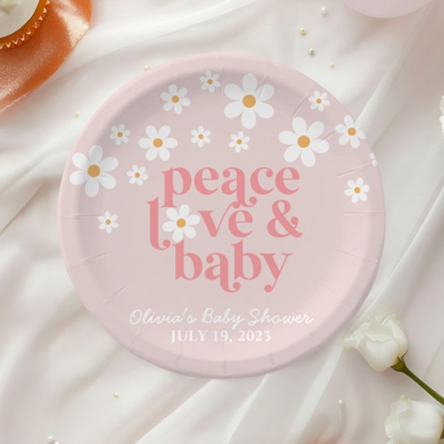 Retro Daisy Pink boho Peace Love Baby Shower Paper Plates (Creator Uploaded)