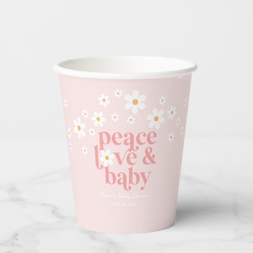 Retro Daisy Pink Peace Love Baby Shower Paper Cups