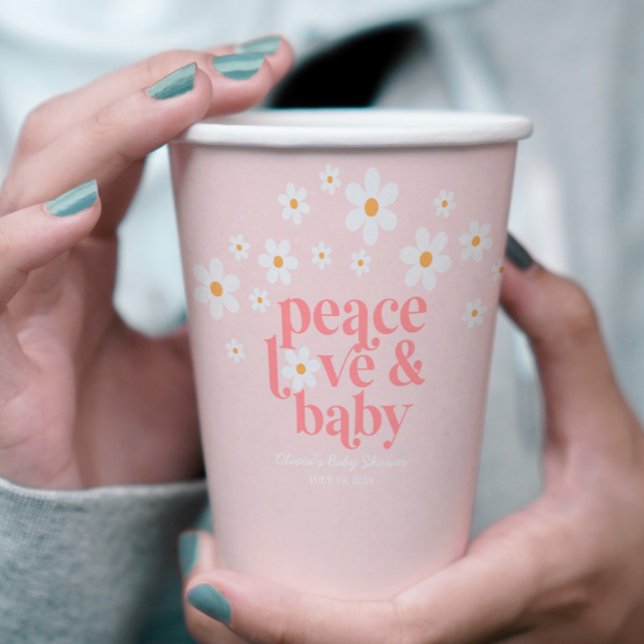 Retro Daisy Pink Peace Love Baby Shower Paper Cups (Creator Uploaded)