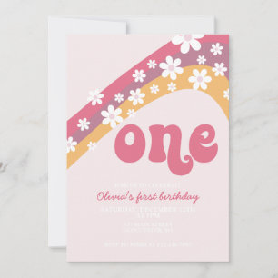 Retro Daisy Pink Rainbow first birthday Invitation