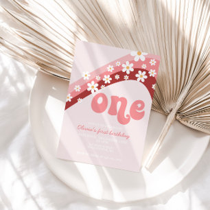 Retro Daisy Pink Rainbow first birthday Invitation