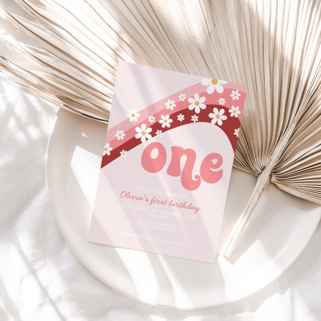 Retro Daisy Pink Rainbow first birthday Invitation (Creator Uploaded)