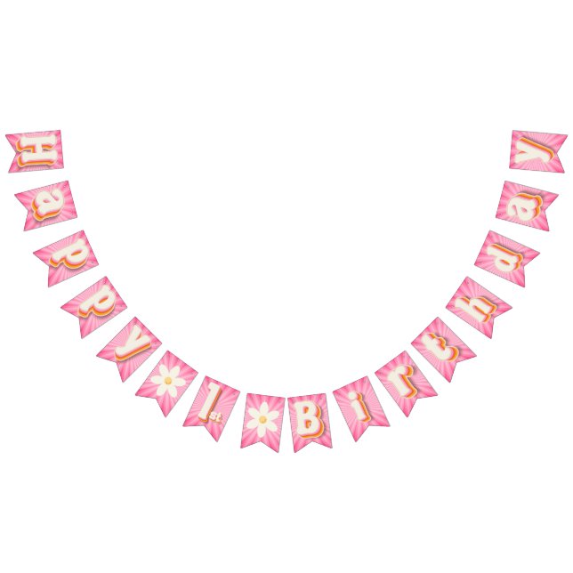 Retro Daisy Pink Sunburst Happy 1st Birthday Banne Bunting Flags (All)